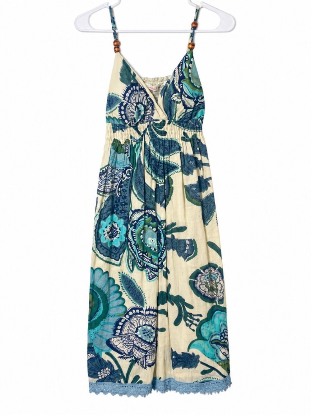 Derek Heart Teal Cream Floral Cotton Beaded Strap Crochet Hem Sundress XS